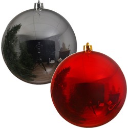 2x Grote kerstballen rood en zilver van 25 cm glans van kunststof - Kerstbal