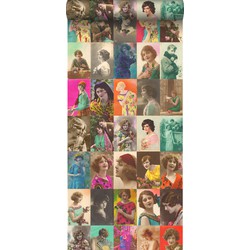 ESTAhome XXL behang vintage ansichtkaarten met vrouwengezichten meerkleurig - 50 x 900 cm - 158102