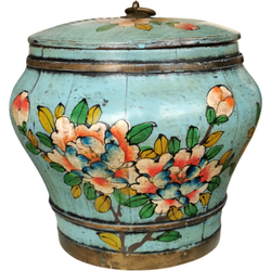 Fine Asianliving Antiek Chinese Houten Rijst Pot met Deksel Blauw