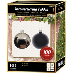 Zilver met zwarte Kerstversiering voor 150 cm boom 100-delig - Kerstbal