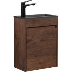 Badplaats Toiletmeubel Sinta 40 x 22 cm - Walnoot Bruin - Fonteinmeubel met Zwarte Wastafel