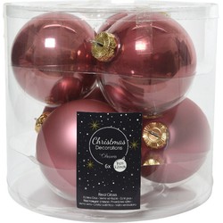 Kerstboomversiering oud roze kerstballen van glas 8 cm 6 stuks - Kerstbal