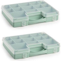 2x plasticforte opbergkoffer - 13-vaks - mintgroen - 27,5 x 20,5 cm - Opbergbox