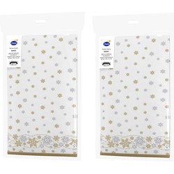 2x stuks kerst thema tafellakens/tafelkleden met gouden sneeuwvlokken 138 x 280 cm - Tafellakens