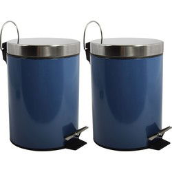 MSV Prullenbak/pedaalemmer - 2x - metaal - marine blauw - 3 liter - 17 x 25 cm - Badkamer/toilet - Pedaalemmers