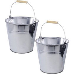 Concorde Zinken emmer/plantenpot - 2x - zilver - 8 liter - houten handvat - IJzeren emmer / teil