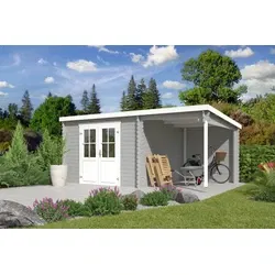 Outdoor Life blokhut Tampa met overkapping platinum grey-wit, 550 x 250 cm