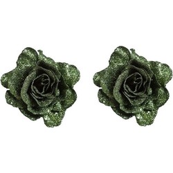 2x Groene decoratie roos glitters op clip 10 cm - Kersthangers