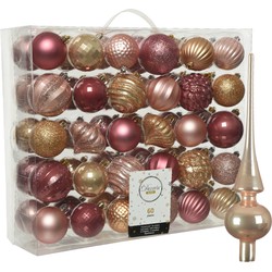 Kunststof kerstballen 60x stuks 6-7 cm met glazen glans piek roze en bruin - Kerstbal