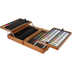 127-delige schilderset in een houten kist met tubes verf en diverse kleurpotloden voor jong en oud