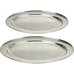 Excellent Houseware serveerschalen set - 2x stuks - ovaal - zilver - rvs - dia 40 en 45 cm - Serveerschalen