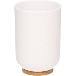 Badkamer beker/tandenborstel houder - wit - kunststof/bamboe - Badkameraccessoireset