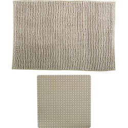 MSV Douche anti-slip mat en droogloop mat - Sevilla badkamer set - rubber/microvezel - beige - Badmatjes