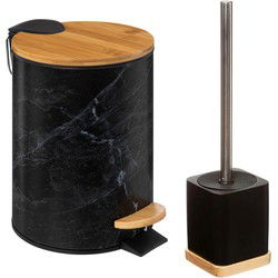 Badkamer/toilet accessoires set - WC-borstel in houder en prullenbak - zwart - bamboe - 3 liter - Badkameraccessoireset
