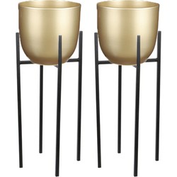 2x Bloempot D25 cm goud met plantenpot verhoger zwart/metaal van 55 cm - Plantenpotten