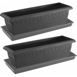 2x stuks antraciet grijze plantenbakken/bloembakken met onderschaal 60 x 20 x 16 cm - Plantenbakken