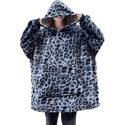 LINNICK Hoodie Flanel Fleece Deken Met Mouwen Leopard - black white
