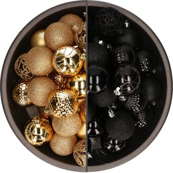 74x stuks kunststof kerstballen mix zwart en goud 6 cm - Kerstbal