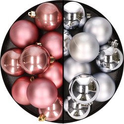 24x stuks kunststof kerstballen mix van zilver en oudroze 6 cm - Kerstbal