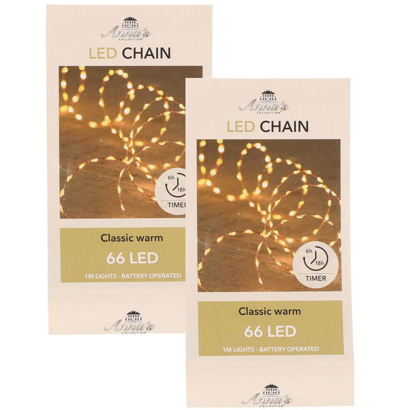 Set van 6x stuks 6x Koperdraad kerstverlichting met timer klassiek warm wit 66 lampjes op batterij - Lichtsnoeren - 