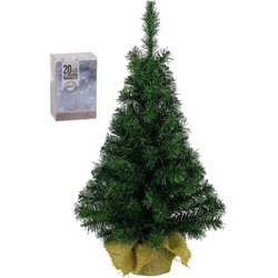 Volle kunst kerstboom 45 cm in jute zak inclusief 20 helder witte lampjes - Kunstkerstboom