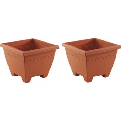 Hega Hoger Plantenbak/bloempot Lima - 2x - terracotta - vierkant - kunststof - 35x35x28 cm - planten pot - Plantenbakken