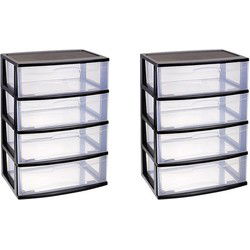 PlasticForte Ladeblok - 2x - 4 lades - zwart/transparant - 40x56x80 cm - Opbergbox