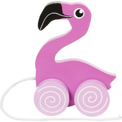 Nature Planet speelgoed trekdiertje flamingo - hout - 13 cm - roze - Trekfiguren