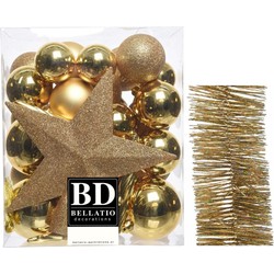 Kerstversiering kerstballen 5-6-8 cm met ster piek en glitter slingers pakket goud van 35x stuks - Kerstbal