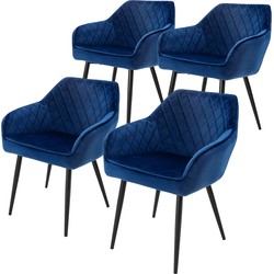 Eetkamerstoel set van 4 diamond quilting met rugleuning en armleuningen Donkerblauw Keukenstoel met microvezel fluwelen bekleding ML design