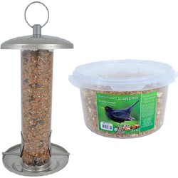 Vogel voedersilo RVS 27 cm inclusief 4-seizoenen mueslimix vogelvoer - Vogel voedersilo