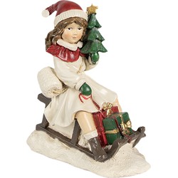 Clayre & Eef Decoratie Beeld Meisje 10x6x12 cm Beige Kunststof Slee Kerstdecoratie