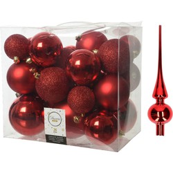 Kerstversiering kunststof kerstballen met piek rood 6-8-10 cm pakket van 27x stuks - Kerstbal