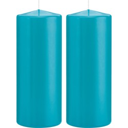 2x Kaarsen turquoise blauw 8 x 20 cm 119 branduren sfeerkaarsen - Stompkaarsen