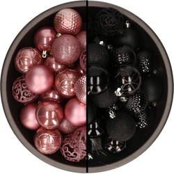 74x stuks kunststof kerstballen mix van velvet roze en zwart 6 cm - Kerstbal