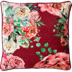 Dutch Decor MINOU - Kussenhoes 45x45 cm - velvet - bloemen - red plum - roze - rood - groen - streepjes - Dutch Decor