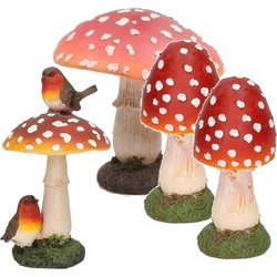 Decoratie paddenstoelen setje met 3x gewone paddenstoel en 1x met vogeltjes - Tuinbeelden