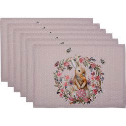 Clayre & Eef Placemats Set van 6  48x33 cm Wit Roze Katoen Rechthoek Konijn Bloemen Tafelmat