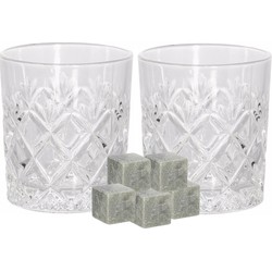 Luxe whiskyglazen set 6x stuks 200 ml met 9x whisky ijsblokstenen - Drinkglazen