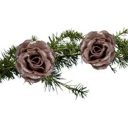 2x stuks kerstboom bloemen/rozen op clip oudroze glitters 7 cm - Kersthangers