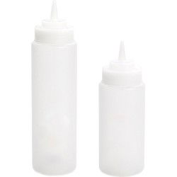 Doseerfles/sausfles - set 2x - 500/700 ml - met schenktuit - transparant - 18 en 20 cm - Maatbekers