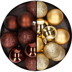 24x stuks kunststof kerstballen mix van donkerbruin en goud 6 cm - Kerstbal