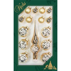 Luxe gouden glazen mini kerstballen en piek set voor mini kerstboom 16-dlg - Kerstbal