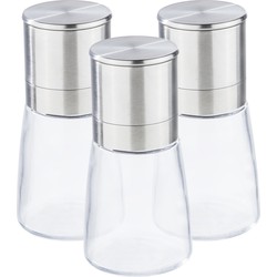 Set van 3x stuks kruidenmolen/pepermolen/zoutmolen RVS/glas transparant/zilver 13 cm - Peper en zoutstel
