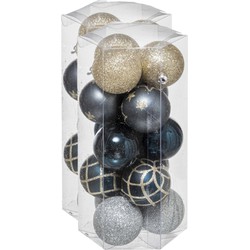 30x stuks kerstballen mix goud/blauw/zilver gedecoreerd kunststof 5 cm - Kerstbal