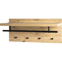 WandKapstok - Zwaar Zwart rondstaal - Houten Hoedenplank - Stang - 4 Haaks - 70 x 30 x 26 cm