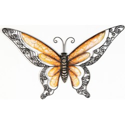 Anna's Collection Wanddecoratie vlinder - oranje - 49 x 28 cm - metaal - muurdecoratie/schutting - Tuinbeelden