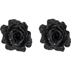 2x stuks decoratie bloemen roos zwart glitter op clip 10 cm - Kunstbloemen