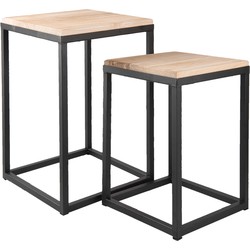 Clayre & Eef Bijzettafel Set van 2  Zwart Ijzer Hout Vierkant Sidetable