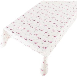 Witte tafelkleden/tafelzeilen roze flamingo print 140 x 245 cm rechthoekig - Tafelzeilen